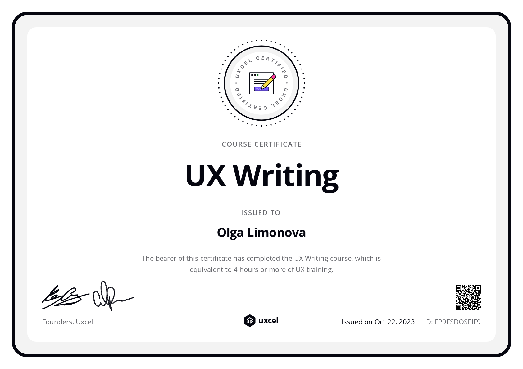 Olga Limonova's certificate